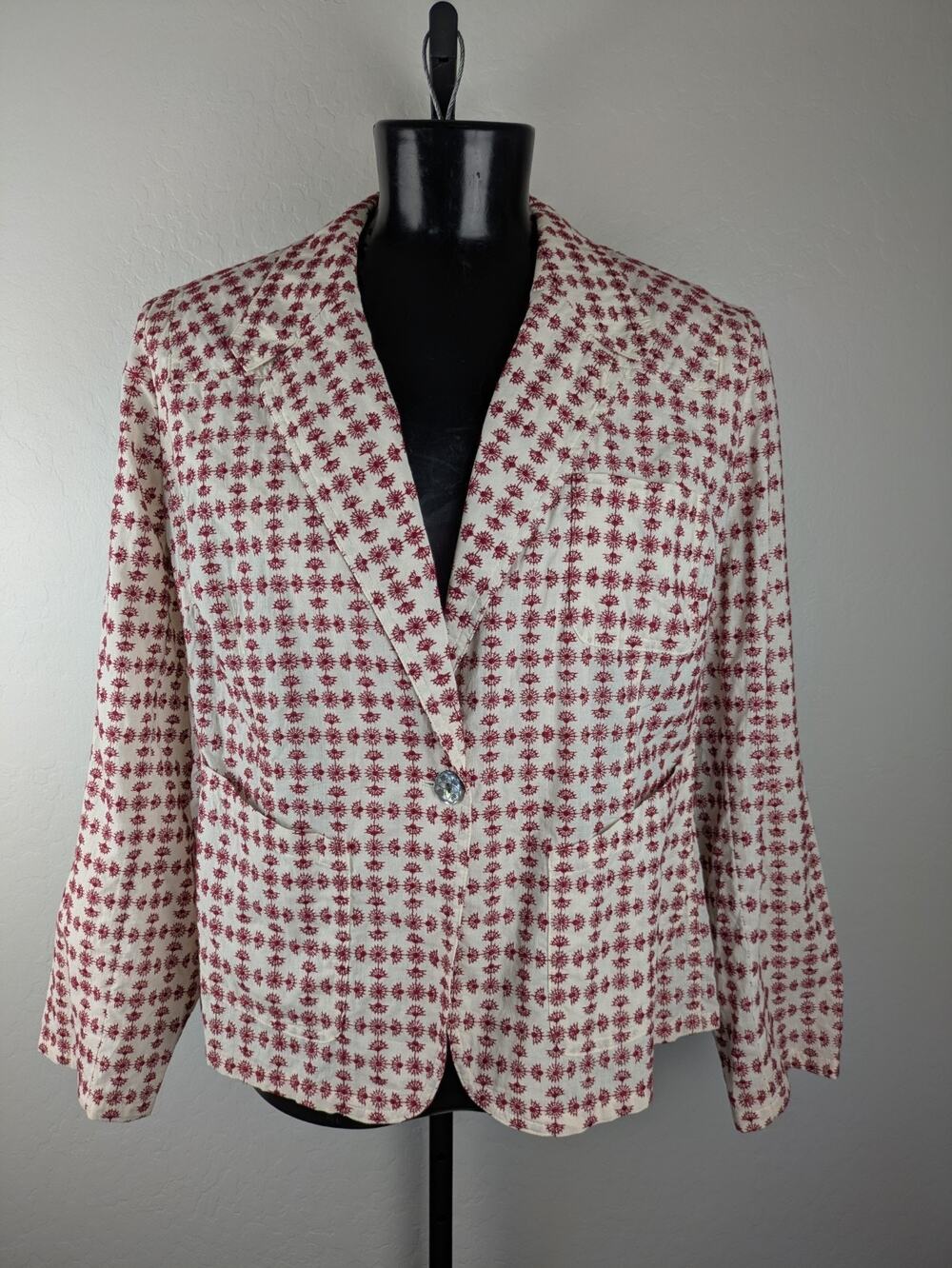 Anne Klein Lightweight Cotton Blazer Jacket Cream Red Embroidery